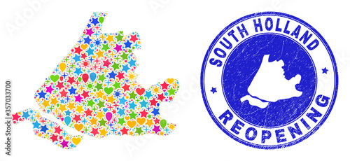 Celebrating South Holland map mosaic and reopening rubber stamp. Vector mosaic South Holland map is composed of random stars, hearts, balloons. Rounded awry blue seal with distress rubber texture.