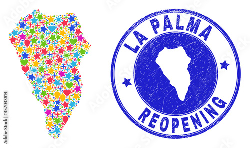 Celebrating La Palma Island map mosaic and reopening corroded seal. Vector mosaic La Palma Island map is constructed of random stars, hearts, balloons.