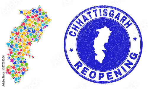 Celebrating Chhattisgarh State map collage and reopening scratched seal. Vector collage Chhattisgarh State map is formed with randomized stars, hearts, balloons.
