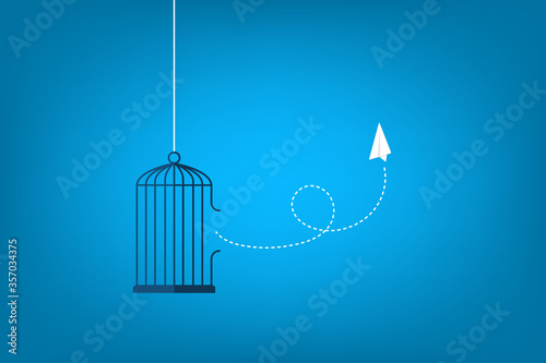 Flying paper plane and cage. Freedom concept. Emotion of freedom and happiness. Minimalist style. 
