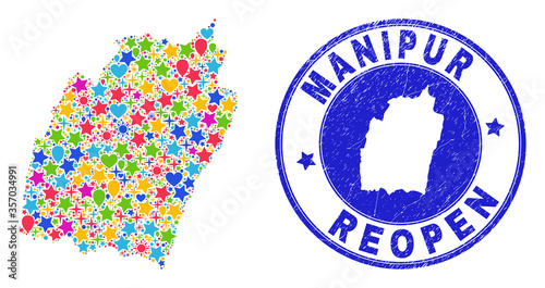 Celebrating Manipur State map mosaic and reopening unclean watermark. Vector mosaic Manipur State map is made of scattered stars, hearts, balloons.