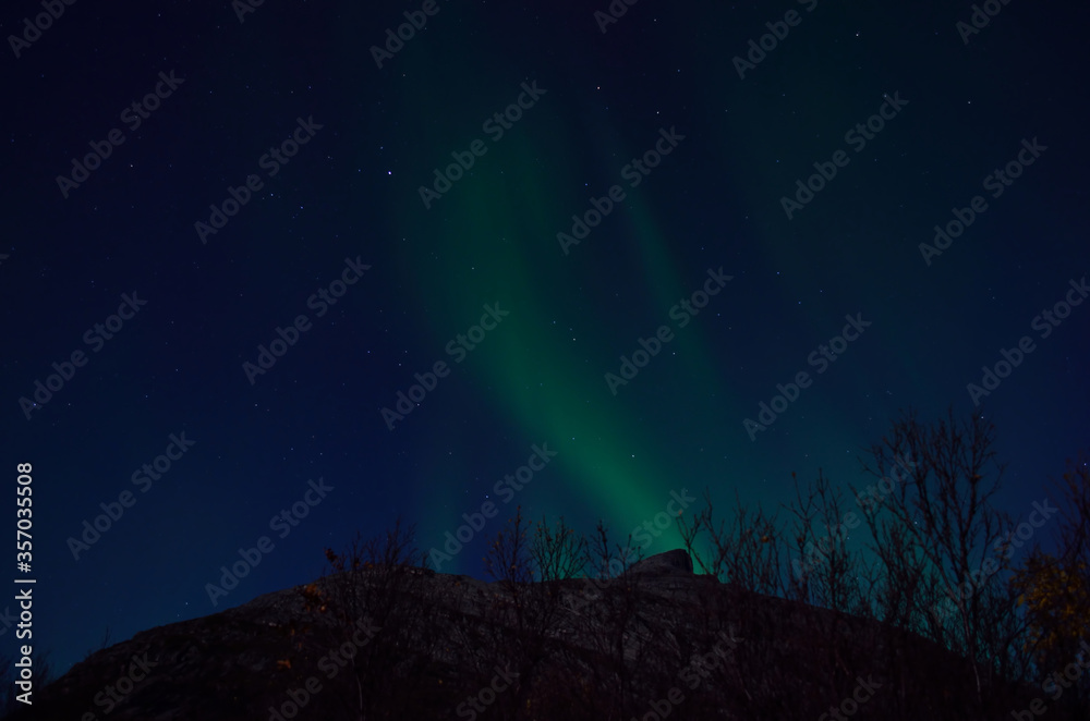 mighty aurora borealis dancing on late autumn night sky in the arctic circle