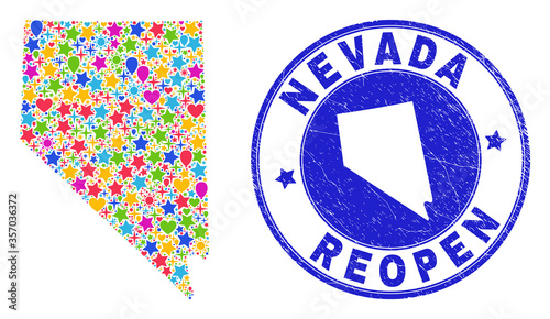 Celebrating Nevada State map mosaic and reopening dirty stamp seal. Vector mosaic Nevada State map is organized of random stars, hearts, balloons.