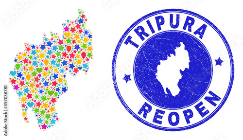 Celebrating Tripura State map mosaic and reopening grunge stamp seal. Vector mosaic Tripura State map is created of randomized stars, hearts, balloons.