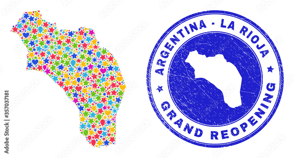 Celebrating La Rioja of Argentina map mosaic and reopening unclean seal. Vector mosaic La Rioja of Argentina map is formed with scattered stars, hearts, balloons.