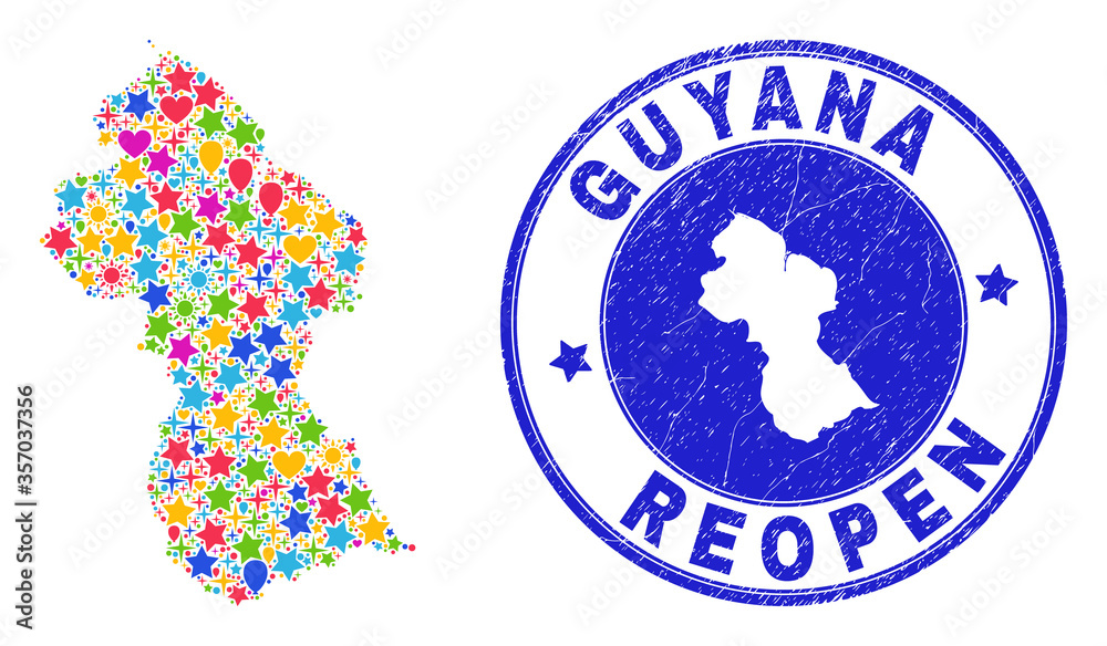 Celebrating Guyana map mosaic and reopening unclean seal. Vector mosaic Guyana map is organized of randomized stars, hearts, balloons. Rounded wry blue seal with unclean rubber texture. Celebrating Guyana map mosaic and reopening unclean seal. Vector mosaic Guyana map is organized of randomized stars, hearts, balloons. Rounded wry blue seal with unclean rubber texture.