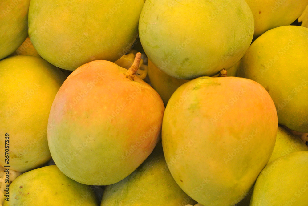 Piles of ripe mangoes on display for sale.