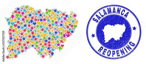 Celebrating Salamanca Province map mosaic and reopening unclean stamp. Vector collage Salamanca Province map is constructed of scattered stars, hearts, balloons.