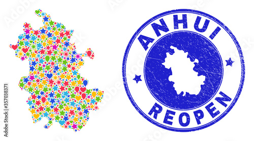 Celebrating Anhui Province map mosaic and reopening unclean seal. Vector mosaic Anhui Province map is composed with randomized stars, hearts, balloons.