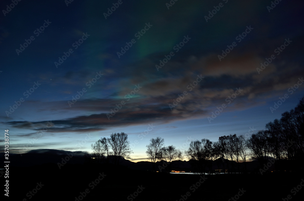 faint aurora borealis dancing over fjord and trees faint aurora borealis dancing over fjord and trees