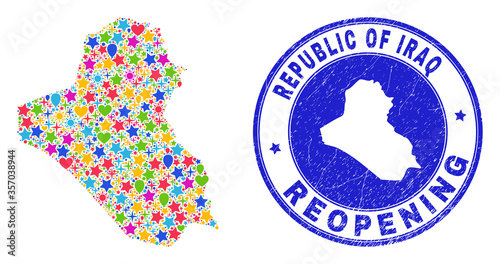 Celebrating Iraq map collage and reopening unclean watermark. Vector collage Iraq map is designed of random stars, hearts, balloons. Rounded awry blue watermark with corroded rubber texture.