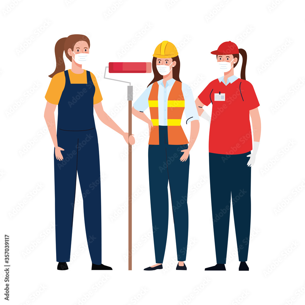 Female painter constructer and delivery woman with masks design, Workers occupation and job theme Vector illustration