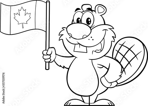 Black And White Beaver Cartoon Mascot Character Holding A Canadian Flag. Vector Illustration Isolated On White Background