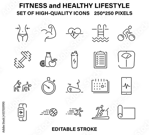A set of simple but high-quality icons about fitness and a healthy lifestyle