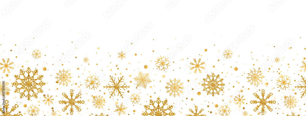 Golden snowflakes frame on white background. Gold falling snowflakes with different ornaments. Luxury glitter Christmas garland. Winter ornament for packaging, cards, invitations. Vector illustration - obrazy, fototapety, plakaty 