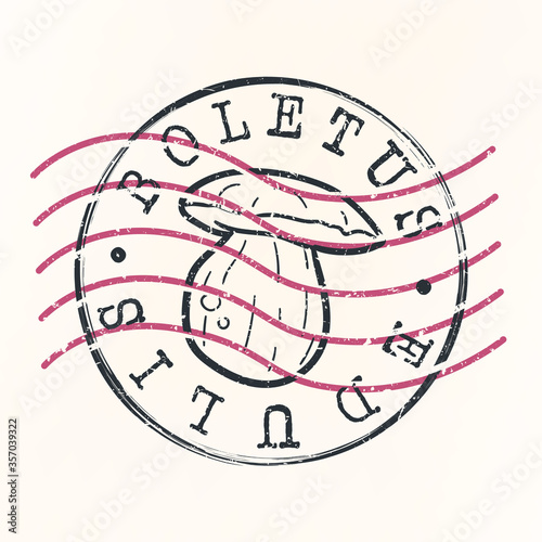 Boletus Edulis Stamp Postal. Porcini Mushroom Silhouette Seal. Passport Round Design. Vector Icon. Design Retro Travel.
