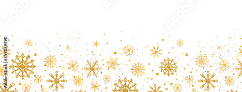 Golden snowflakes frame on white background. Gold falling snowflakes with different ornaments. Luxury glitter Christmas garland. Winter ornament for packaging, cards, invitations. Vector illustration
