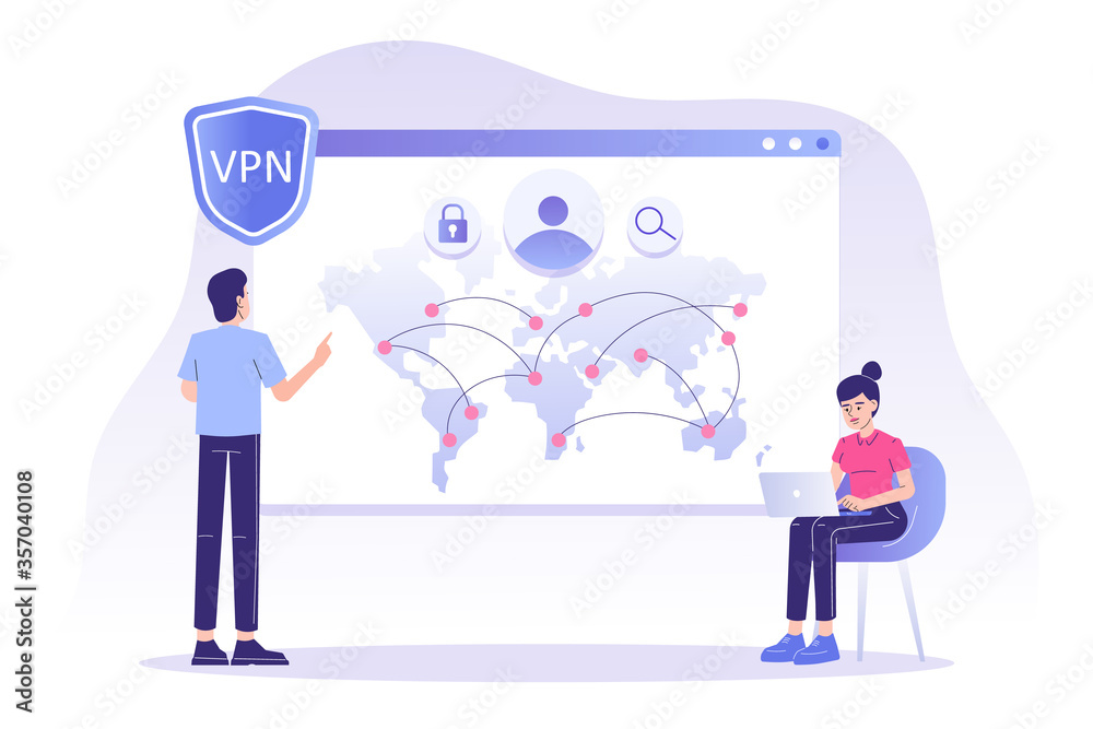 VPN Service Concept. People using VPN security software in user interface. Virtual Private Network. Secure network connection and privacy protection. Isolated modern vector illustration for web banner