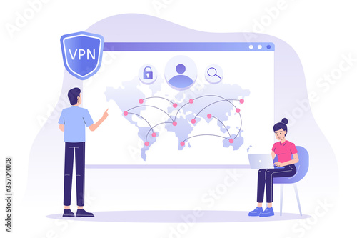 VPN Service Concept. People using VPN security software in user interface. Virtual Private Network. Secure network connection and privacy protection. Isolated modern vector illustration for web banner