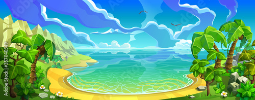 Fototapeta Naklejka Na Ścianę i Meble -  Sandy beach with palm trees. Sea gulf in the Tropics. Vector cartoon illustration. Landscape panorama. 