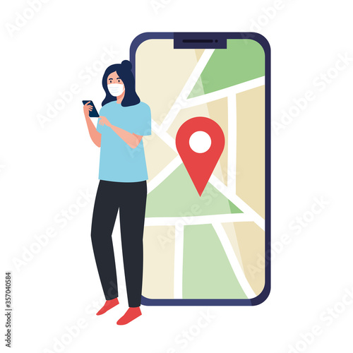 Woman with medical mask holding smartphone and gps mark on map design of Covid 19 virus theme Vector illustration