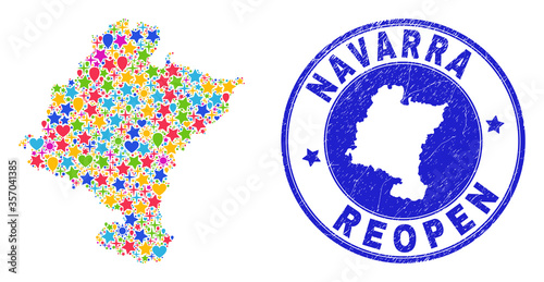 Celebrating Navarra Province map collage and reopening grunge seal. Vector collage Navarra Province map is organized with randomized stars, hearts, balloons.