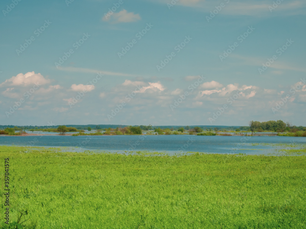 River spills in the spring. view from the high bank