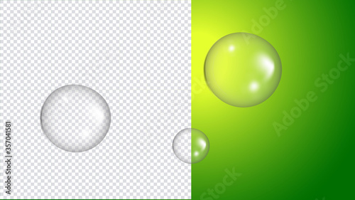 Waterdrop on green and transparent background .Glass sphere. Bubble. Vector illustration.