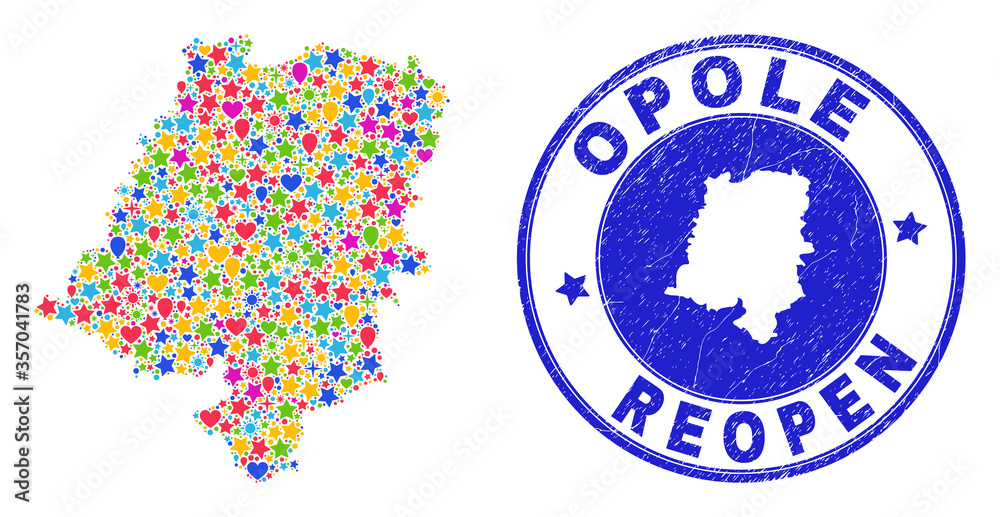 Celebrating Opole Voivodeship map collage and reopening corroded seal. Vector collage Opole Voivodeship map is organized with random stars, hearts, balloons. Celebrating Opole Voivodeship map collage and reopening corroded seal. Vector collage Opole Voivodeship map is organized with random stars, hearts, balloons.