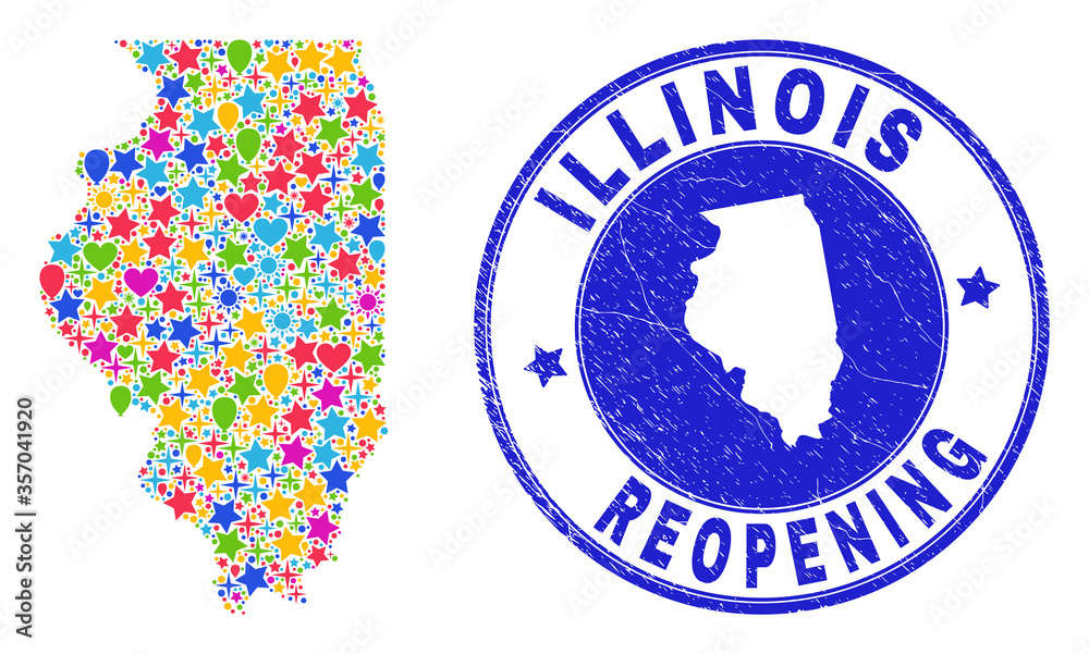 Celebrating Illinois State map mosaic and reopening rubber stamp seal. Vector mosaic Illinois State map is composed of random stars, hearts, balloons. Celebrating Illinois State map mosaic and reopening rubber stamp seal. Vector mosaic Illinois State map is composed of random stars, hearts, balloons.