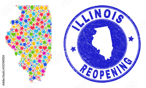 Celebrating Illinois State map mosaic and reopening rubber stamp seal. Vector mosaic Illinois State map is composed of random stars, hearts, balloons.