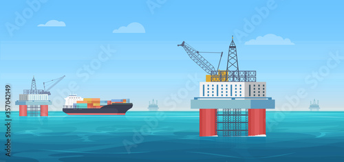 Oil drill platform vector illustration. Cartoon flat ocean or sea landscape with drilling rig tower, ship tanker for gas fuel extraction production and transportation, oil industry offshore background