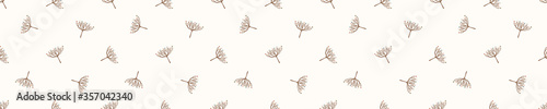 
Seamless background dandelion seed banner. Gender neutral baby pattern. Simple whimsical minimal earthy 2 tone color. Kids nursery flower border or boho fashion tribbon trim