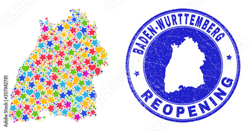 Celebrating Baden-Wurttemberg Land map collage and reopening rubber watermark. Vector collage Baden-Wurttemberg Land map is done with scattered stars, hearts, balloons.
