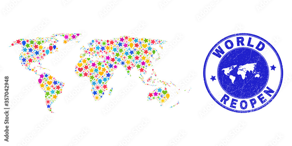 Celebrating world map mosaic and reopening unclean stamp seal. Vector collage world map is done of randomized stars, hearts, balloons. Rounded awry blue seal with unclean rubber texture.