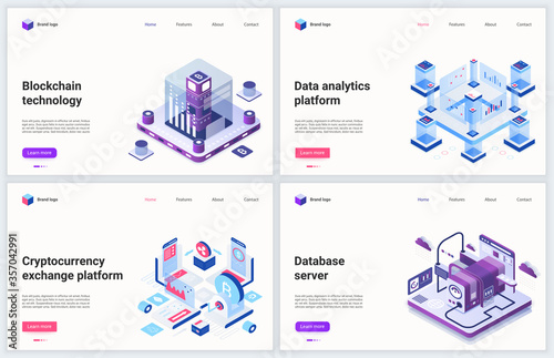 Isometric blockchain cryptocurrency mining technology vector illustration. Creative concept banner set, website design with cartoon 3d block chain digital money miner farm, transfer exchange market