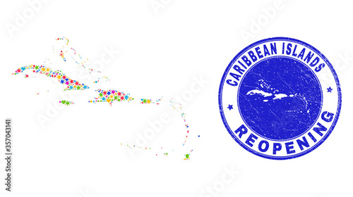 Celebrating Caribbean Islands map collage and reopening scratched stamp seal. Vector collage Caribbean Islands map is composed with scattered stars, hearts, balloons.