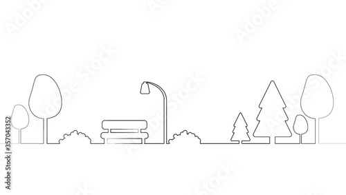 outline single-line art of bench under a street light in the park with trees. vector illustration