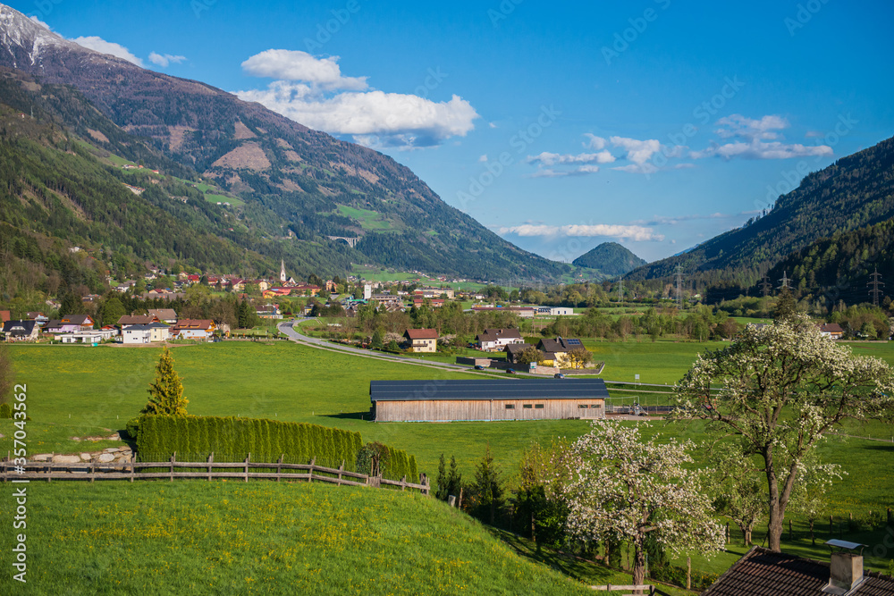 Panoramic top view at Obervellach in Upper Carinthia, Austria in april.