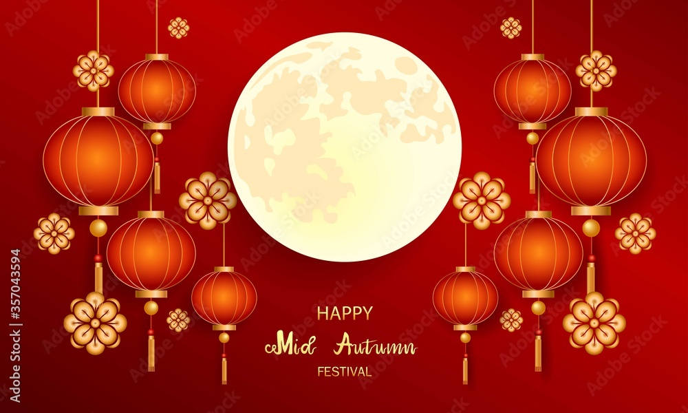 Mid autumn festival / Chinese festival with the moon, lanterns and flowers on red paper. Vector illustration Mid autumn festival / Chinese festival with the moon, lanterns and flowers on red paper. Vector illustration