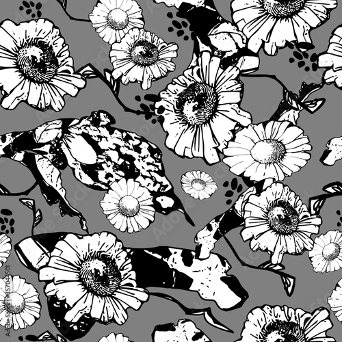 Seamless floral pattern background from white camomile flowers with leaves and stemson a dark gray background. Freehand outline drawing.  Vector illustration photo