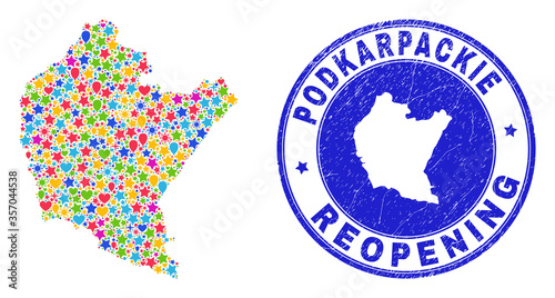 Celebrating Podkarpackie Voivodeship map collage and reopening rubber stamp seal. Vector mosaic Podkarpackie Voivodeship map is created with randomized stars, hearts, balloons.