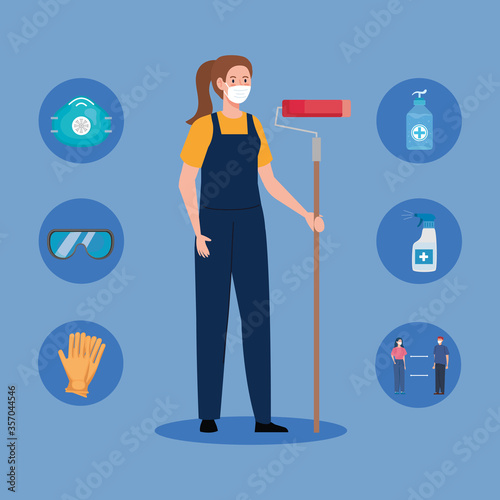 painter woman with roll and mask design of Coronavirus 2019 nCov workers theme Vector illustration