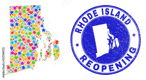 Celebrating Rhode Island State map mosaic and reopening textured stamp seal. Vector mosaic Rhode Island State map is organized of scattered stars, hearts, balloons.