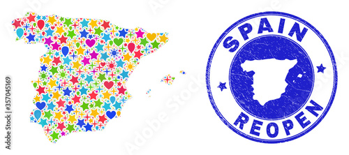 Celebrating Spain map collage and reopening rubber seal. Vector collage Spain map is formed with randomized stars, hearts, balloons. Rounded awry blue seal with scratched rubber texture.