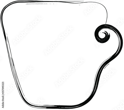 The cup is drawn in black outline, doodle style image. Beautiful design saver for a cafe, an icon for tea or coffee.