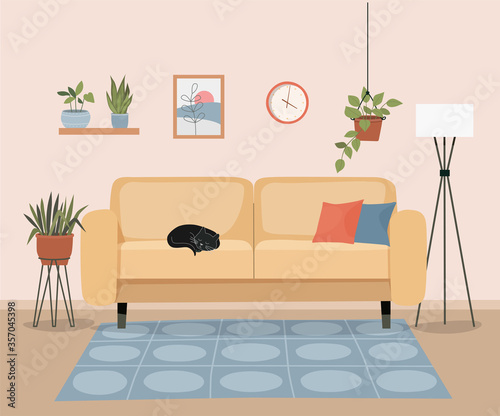 Furniture: sofa, bookcase, picture. Living room interior. Sleeping Cat.Flat style vector illustration
