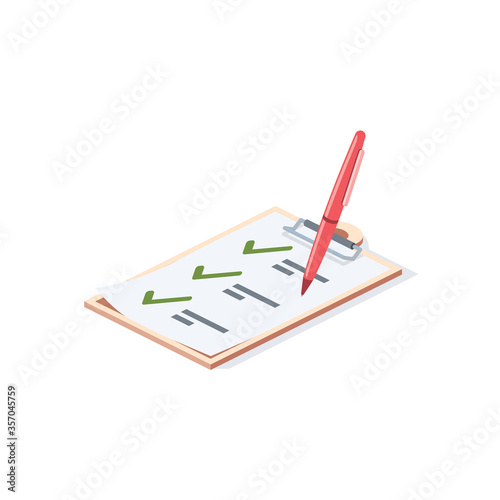 Planning document checkmark pen. Vector 3d isometric, color web icon, new flat style. Creative illustration design, isolated graphic idea for infographics.
