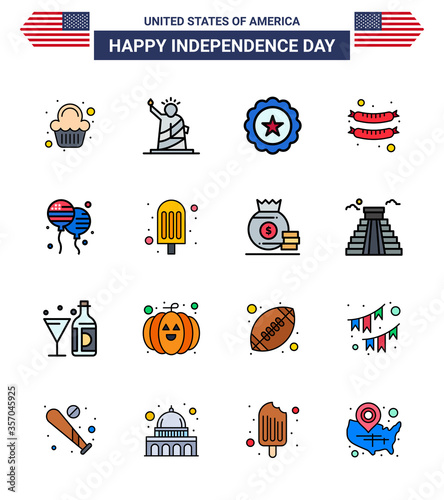 16 USA Flat Filled Line Signs Independence Day Celebration Symbols of bloons; sausage; usa; frankfurter; usa photo