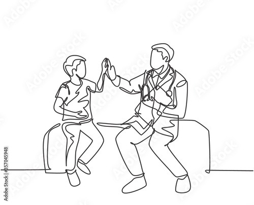 Single line drawing of young happy male doctor checking up sick patient boy and give high five gesture. Medical healthcare service treatment concept. Continuous line draw design vector illustration